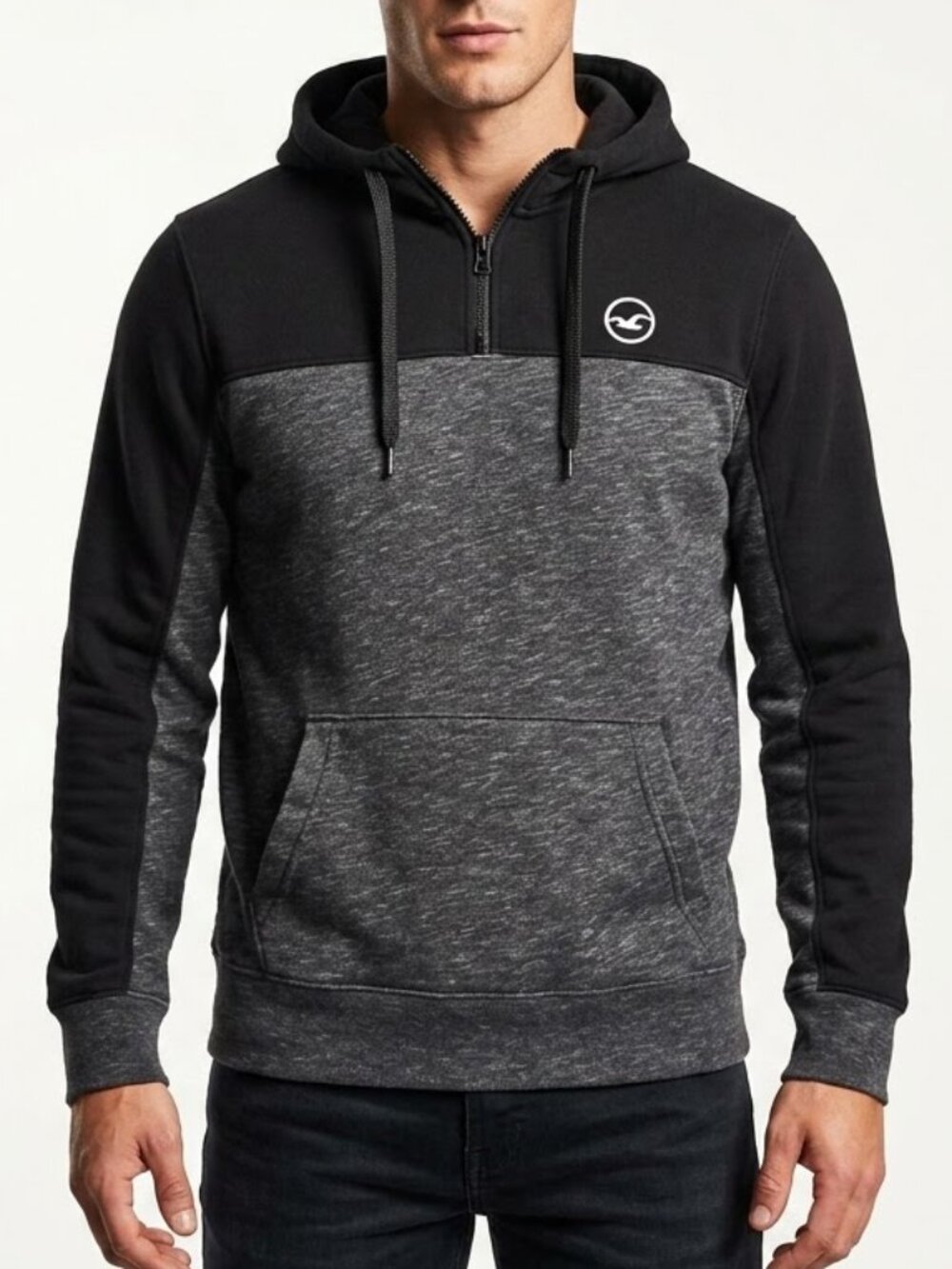 Hollister Grunge Colorblock Half Zip Hoodie Grey Black Slouchy Pullover L